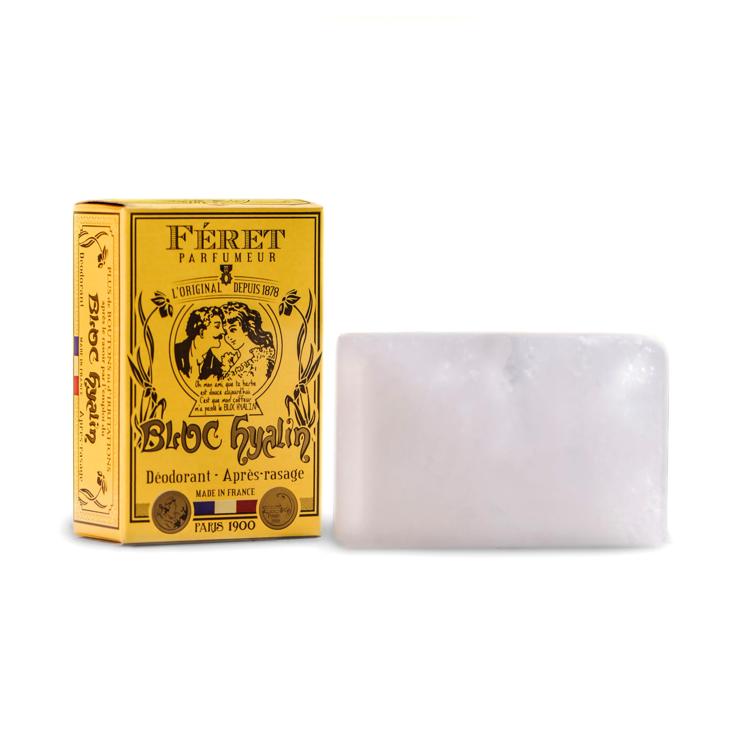 Feret Le Bloc Hyalin Alum Stone - Natural Deodorant, Astringent & Aftershave for Men and Women – Travel Friendly, Unscented – Made in France – 3.5oz /