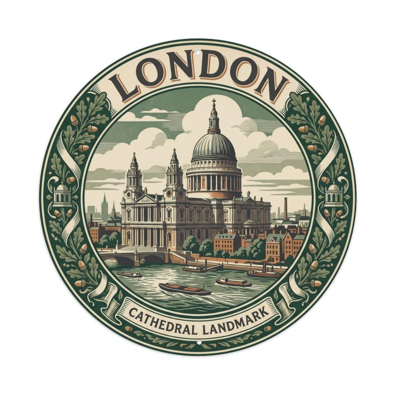 Vintage Travel Cathedral London Landmark Metal Tin Sign Plaque Wall Decor for Cafe, Club, Garden Round Metal Poster 8x8Inch