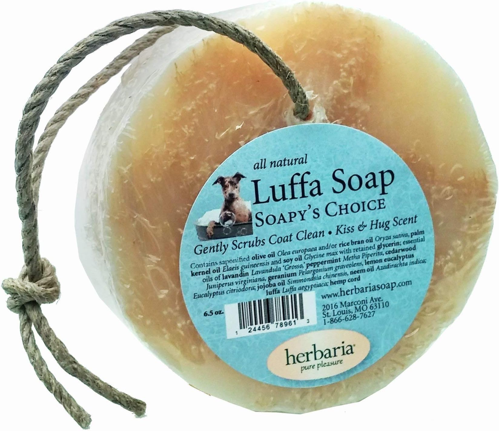 Herbaria Soapy's Choice Luffa 6.5 oz Dog Shampoo Soap Bar on a Hemp Rope with Essential Oils, Embedded Loofah. Free Shipping $55 Orders.