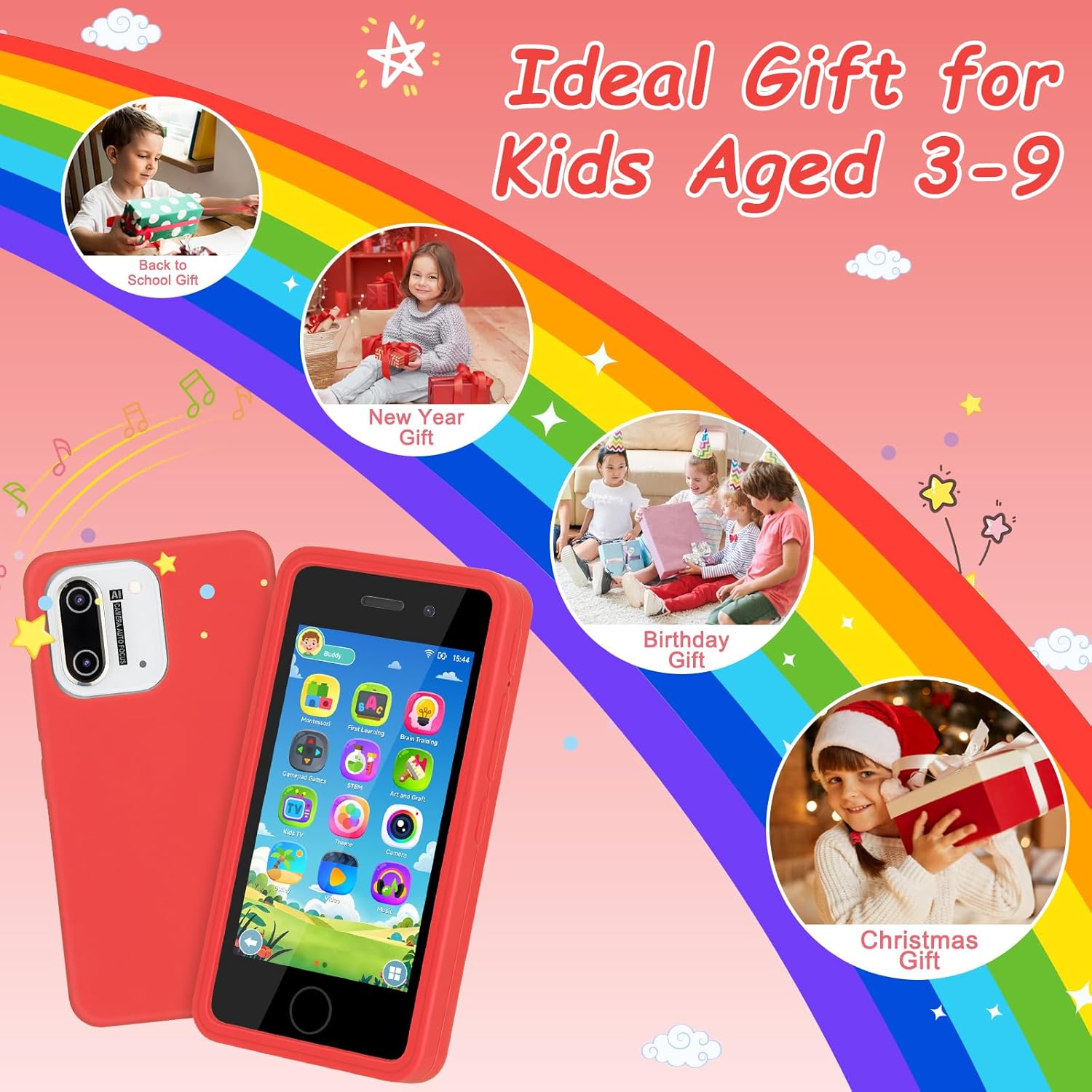 3.97 Touchscreen Kids Toys Smart Phone, Kids Phone with Games & Dual Camera, Toddler Toys Phone, Boys and Girls Learning Toy Phone for 3-9 Years Old (Red)