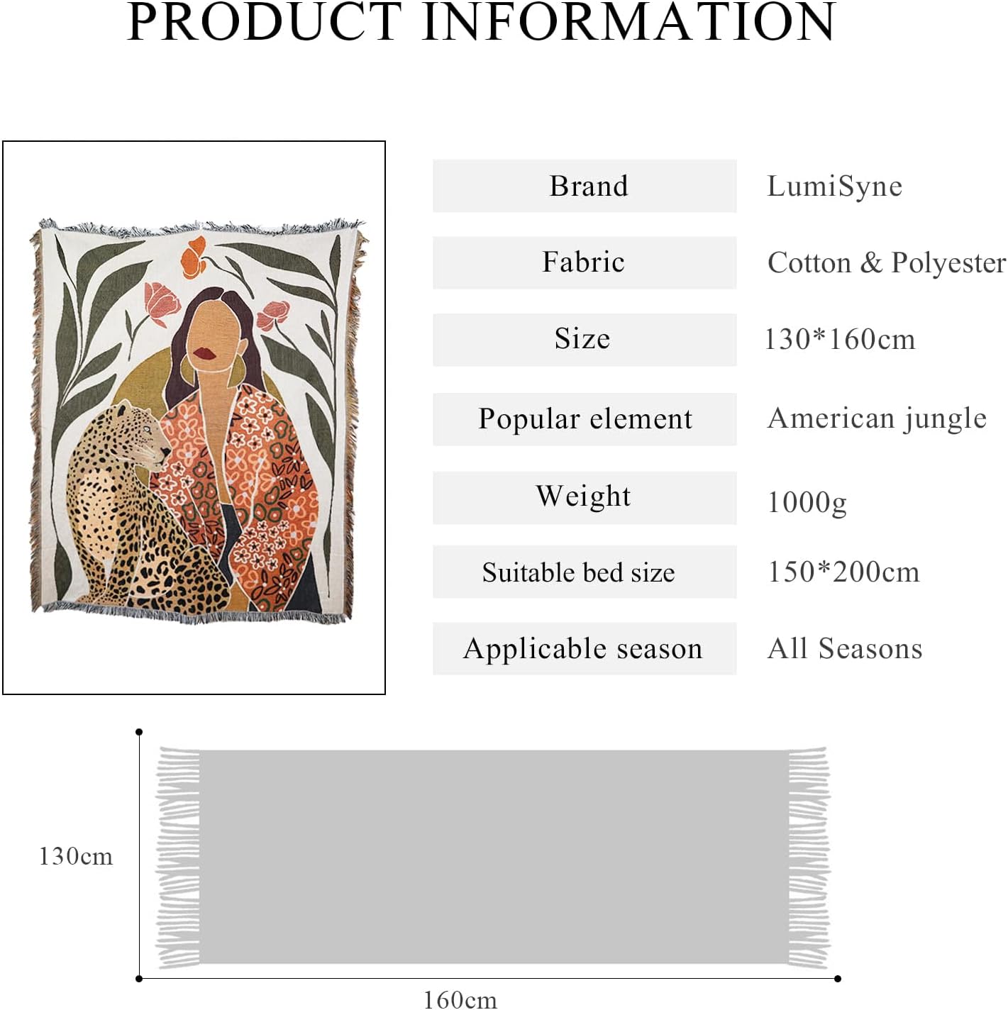 Double-Sided Cotton Woven Throw Blanket with Tassel Jungle Bohemian Style Tapestry Shawl Multi-Function Decorative Throws for Sofa Bed Armchair Camping Blanket Tablecloth Carpet 160x130cm - Image 7