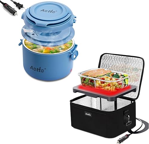 Aotto Calentador portátil de la comida del coche del horno, caja de almuerzo calentada eléctrica negra y azul
