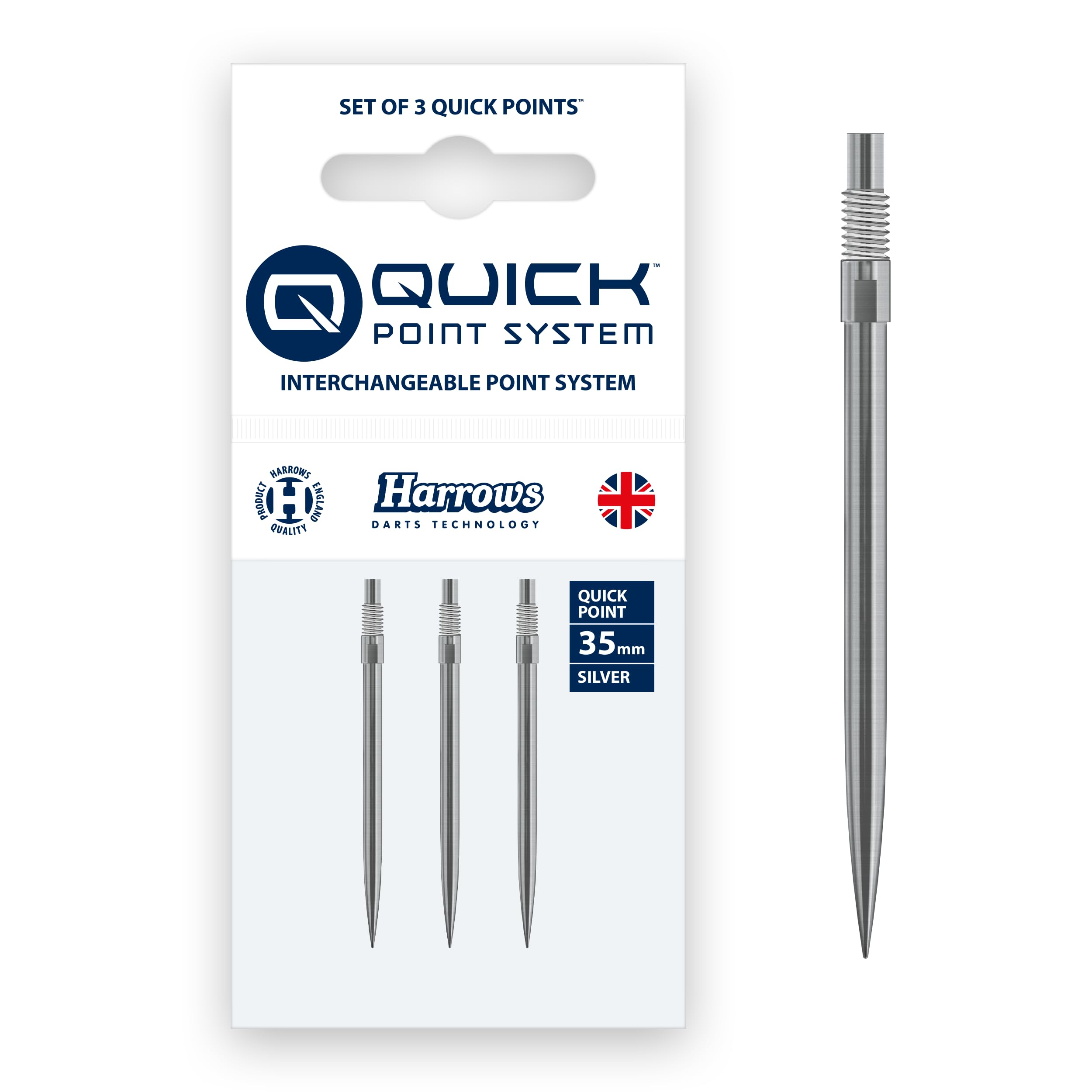 Harrows Quick Point Steel Tip Dart Points | Replacement Darts Tips in Black & Silver | 26mm, 30mm, 35mm, 40mm & 42mm | Compatible with QP System (Silver, 35MM)