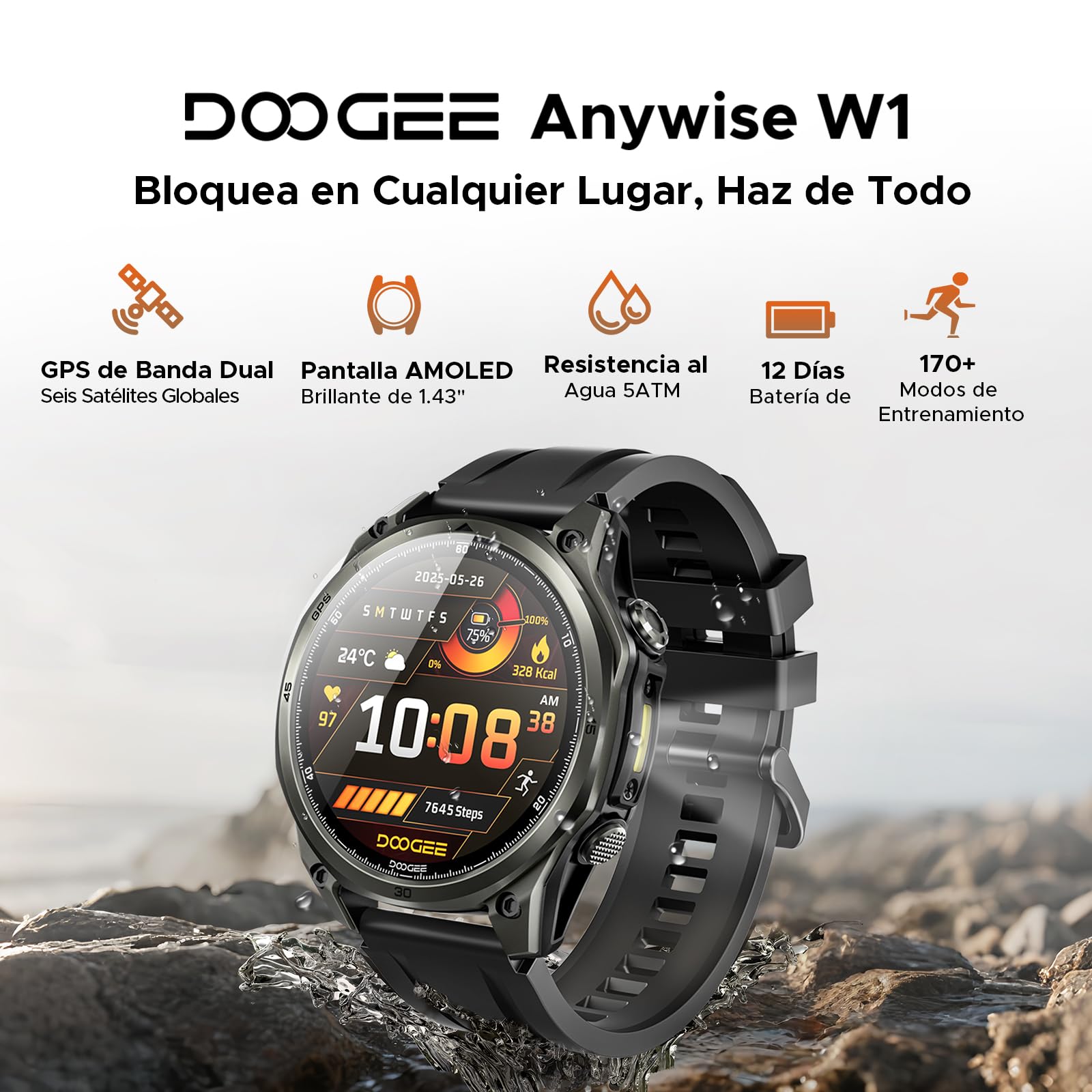 Anywise W1 AI Smartwatch Uomo,GPS Dual-Band Integrato,5ATM Impermeabile Militare Smart Watch,1.43" AMOLED Fitness Tracker Per Android iOS,170+Sports Modes,Answer/Make Call/12 Days Battery