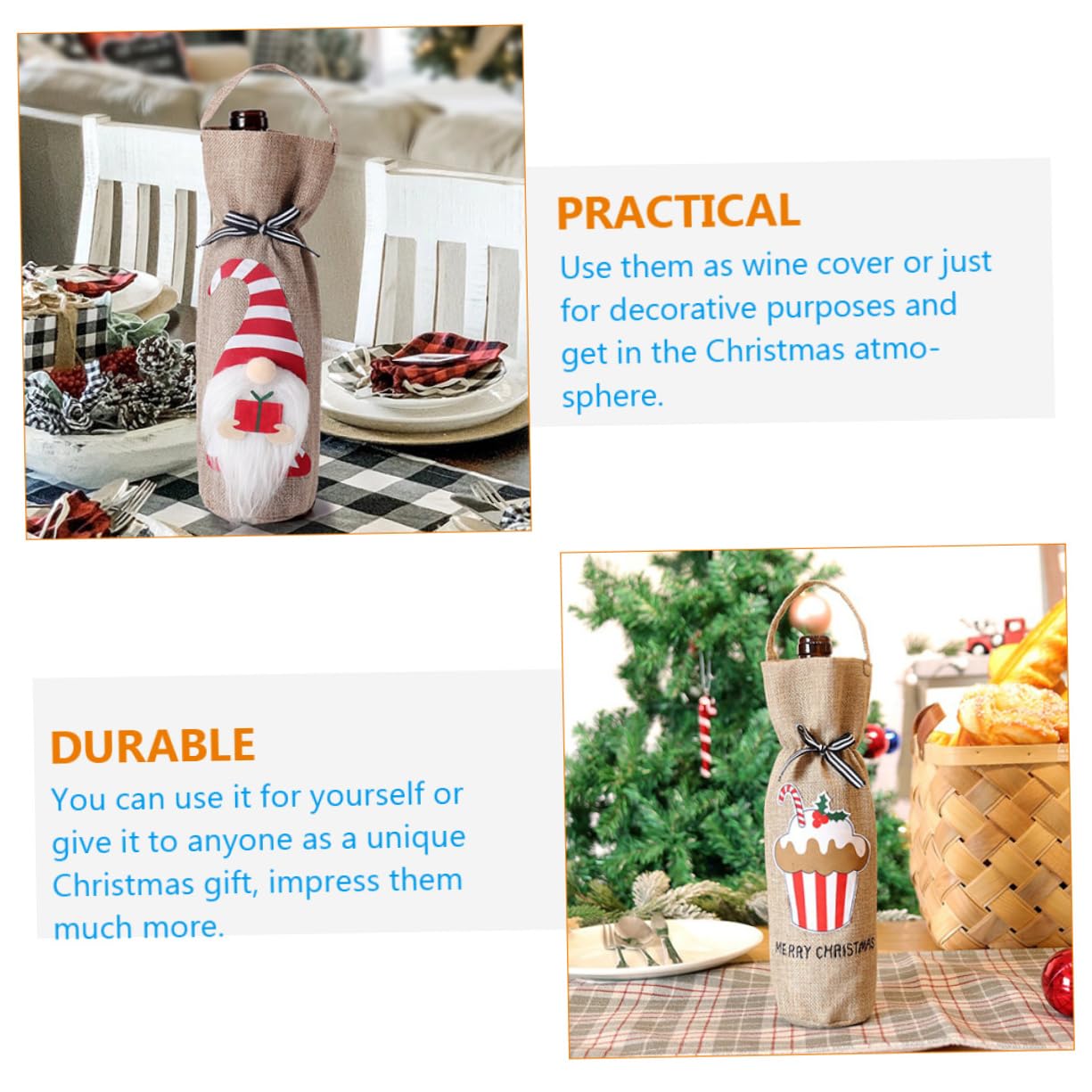 Ciieeo 5 Ensembles Housse De Bouteille De Vin en Toile De Jute De Transport De Boissons avec Fenêtre Housse De Vin du Père Noël Décoration De Porte De Noël en 3 pièces * 5