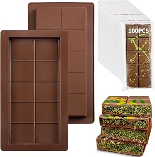 0.8 Inch Dubai Chocolate Bar Mold, 2Pcs Deep Silicone Chocolate Molds with 100Pcs Storage Bags, Non-stick Holographic Chocolate Mold Candy Molds for Dubai Knafeh Pistachio Chocolate Bar