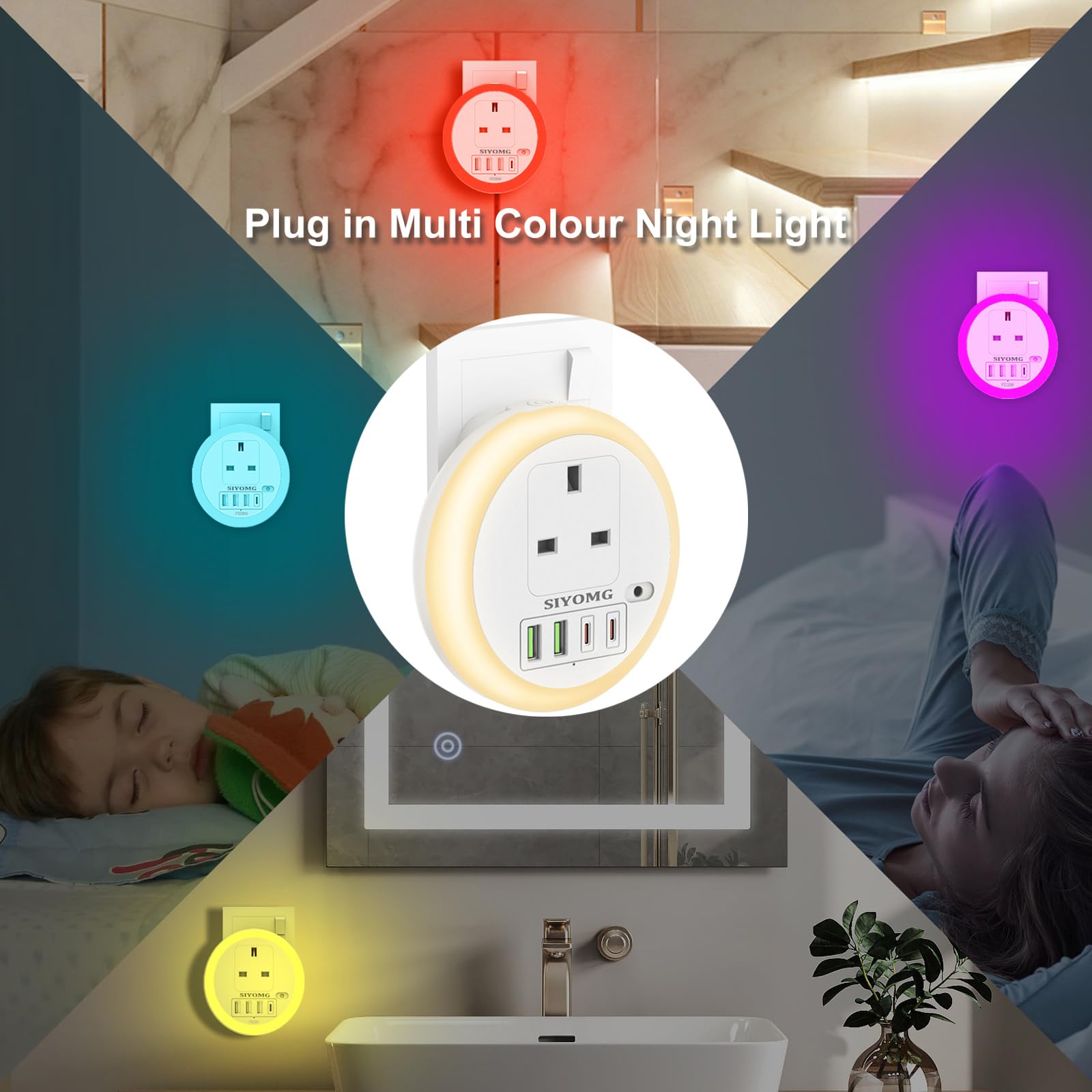 SIYOMG LED Night Light Plug-in Wall with 4 USB Ports and 1 Outlet, Smart Dusk to Dawn Sensor - Image 4