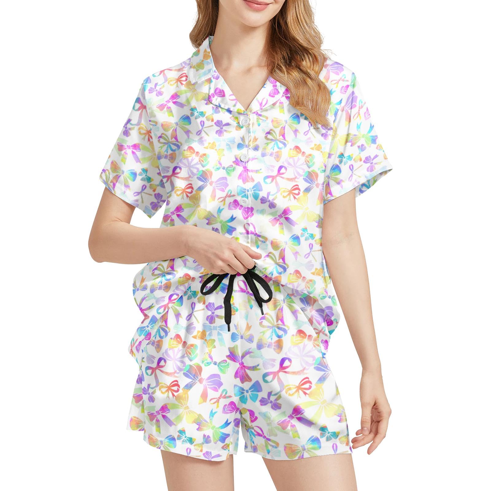 Funny Pajamas for Women Set Print Satin Loungewear Pjs Short Sleeve Button Down Top and Shorts Sets Sleepwear XS-3XL