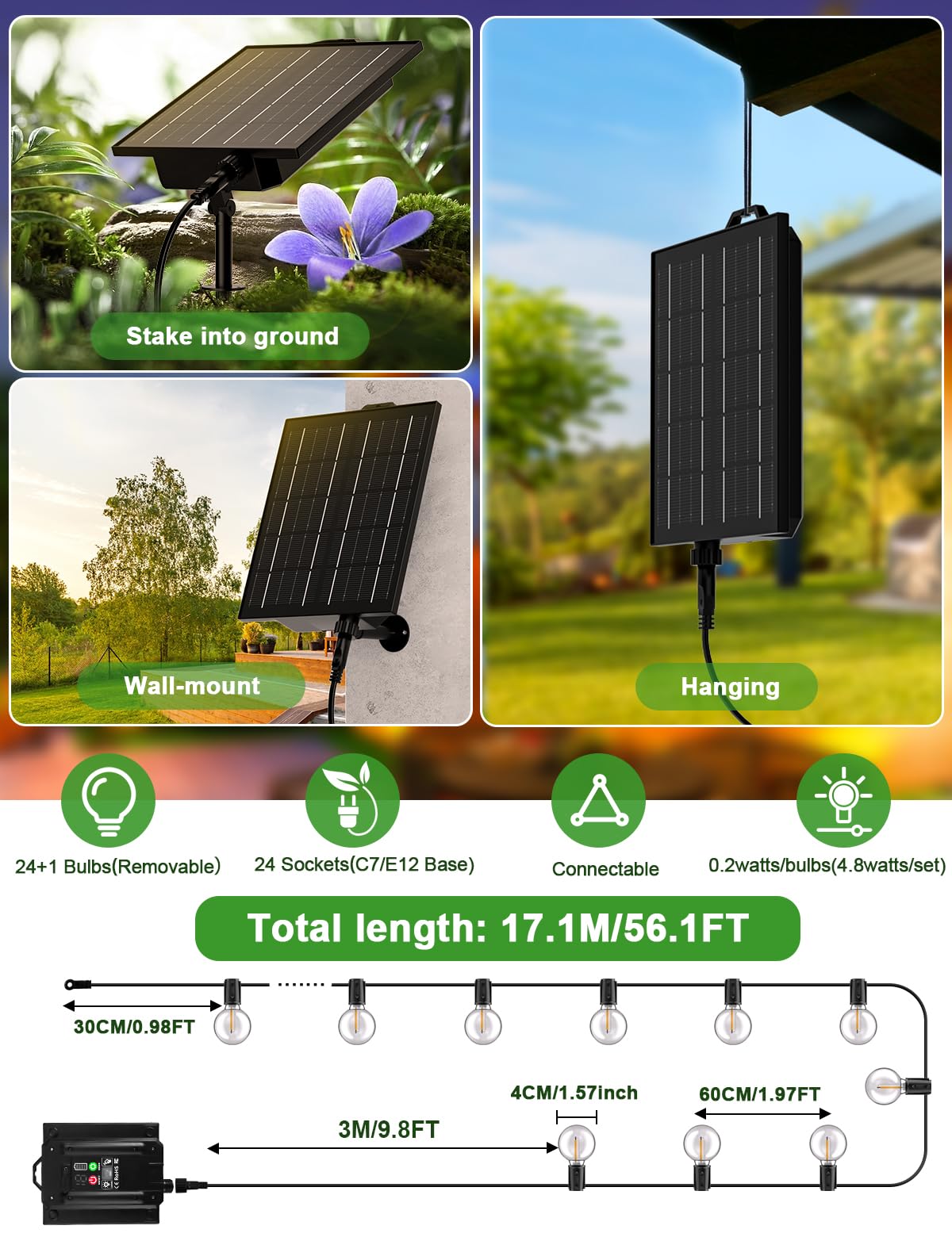FIFlying Catena Luminosa Esterno Solare 17M Luci Solari da Giardino con 24+1 Lampadine LED G40 Impermeabile Luci Gazebo da Esterno Solari per Giardino Patio Balcone Matrimonio Feste