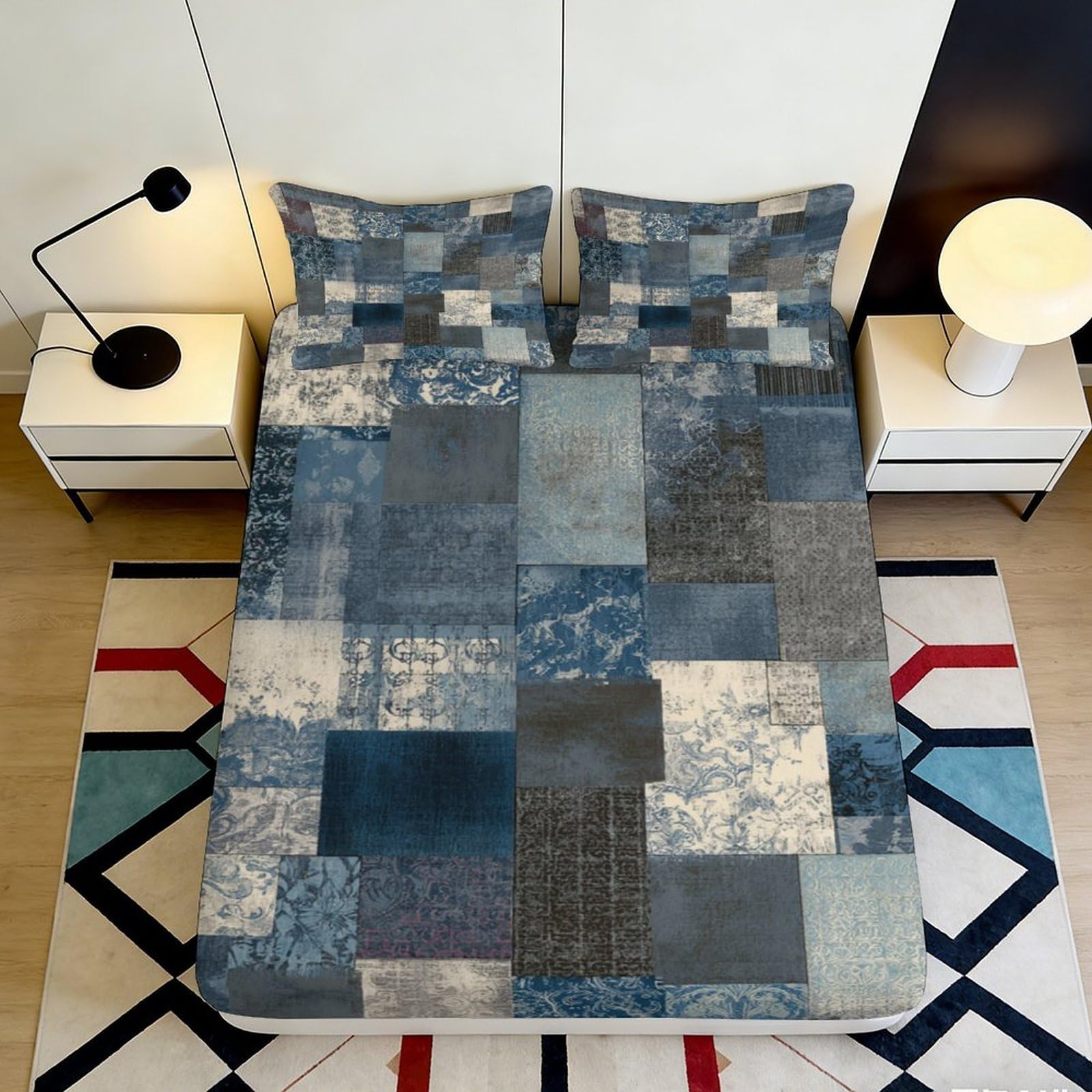 3D Printed Patchwork Denim Fitted Sheet Microfiber Soft Non-slip Geometric Blue Mattress Cover for Bedroom Dorm Use 160x200x25cm