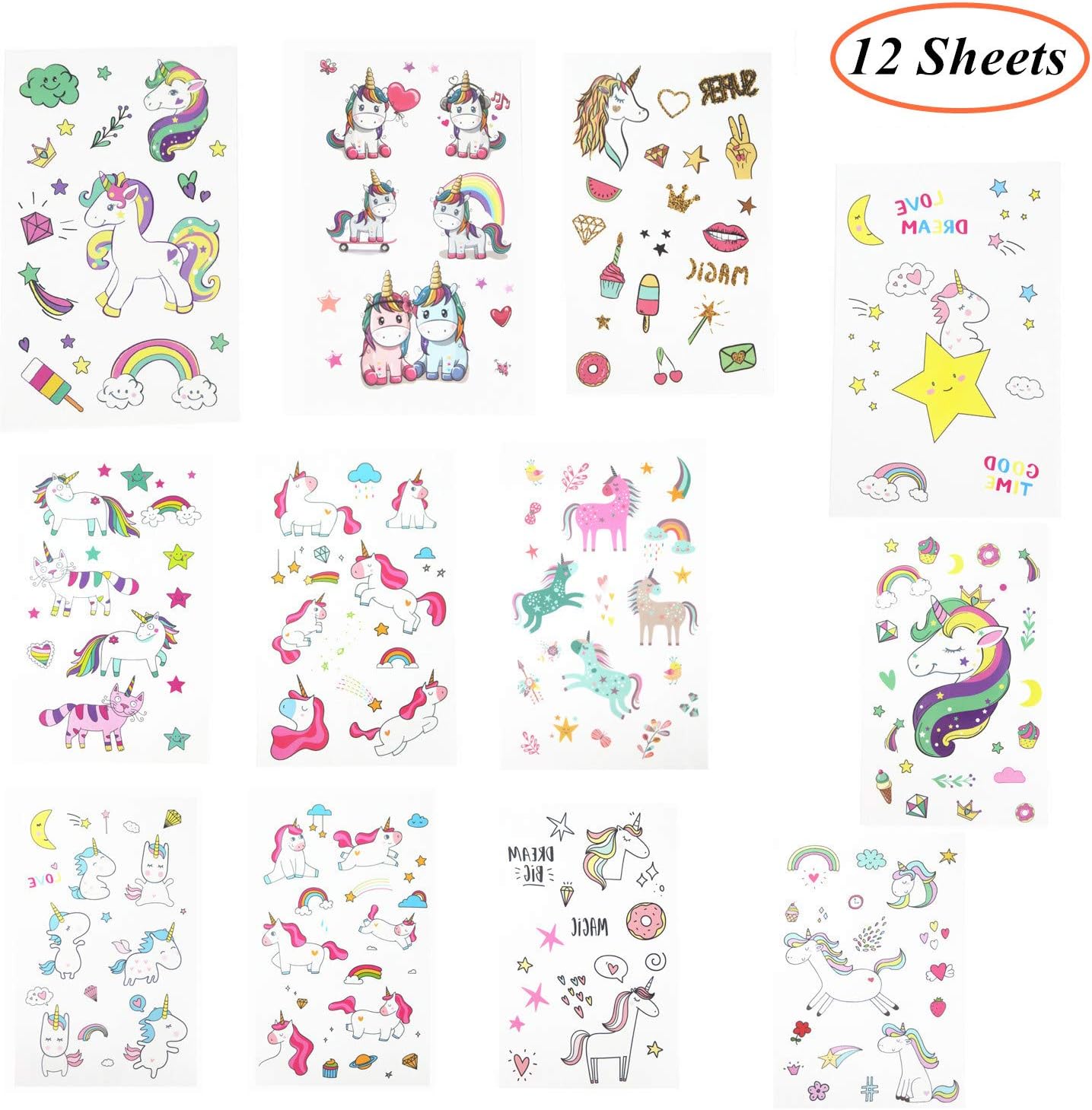 Oexper 12 Sheets of Unicorn Temporary Tattoos Cartoon Rainbow Ice Cream Tattoo Stickers for Girls Boys Kids Adults – Great for Birthday Party Unicorn Party Supplies Party Favors Stocking Stuffers Fun