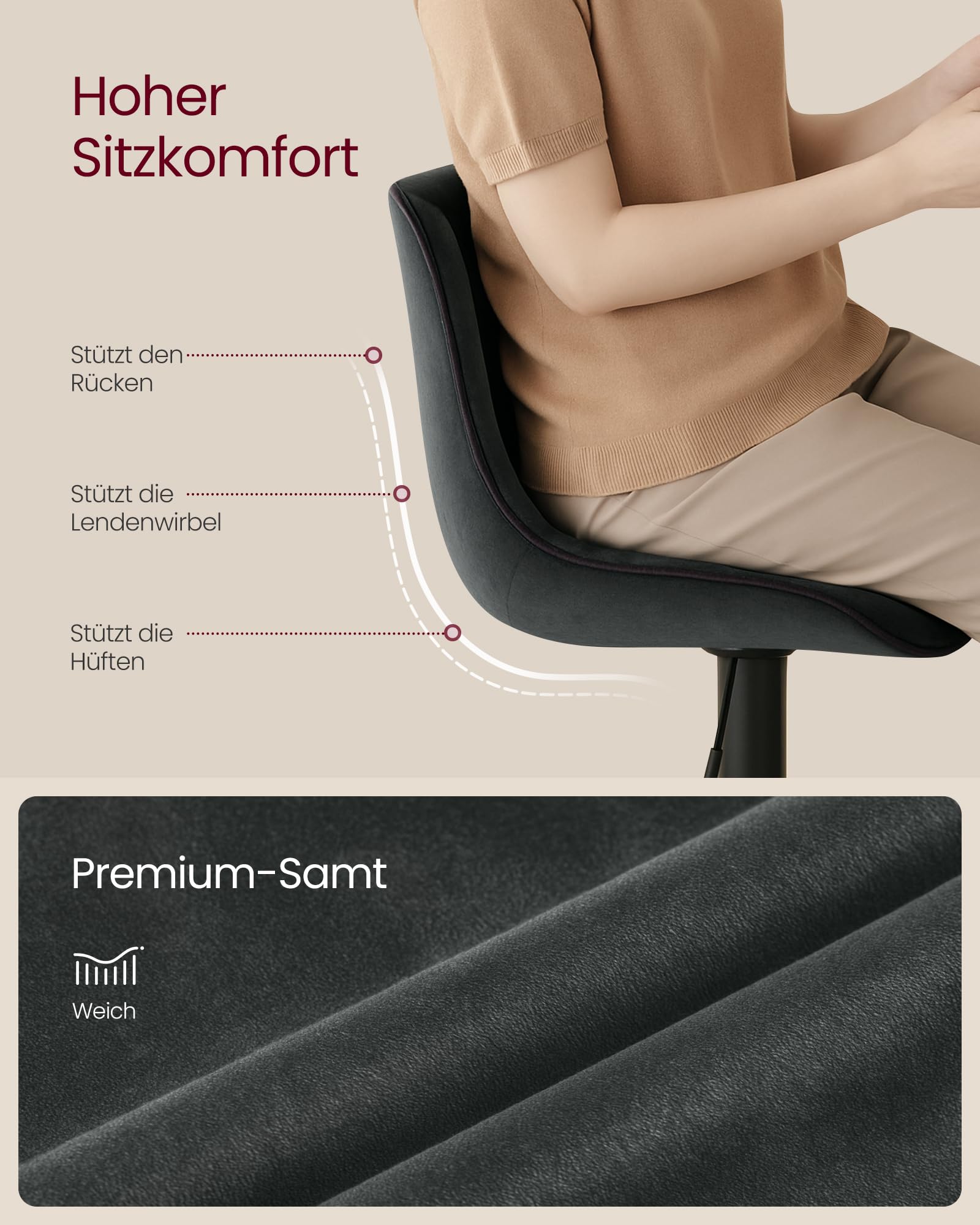 VASAGLE Barhocker 2er Set, Barstühle höhenverstellbar, drehbare Küchenhocker, mit ergonomischer Rückenlehne, Samt, für Kücheninsel, Hausbar, modern, anthrazitgrau LJB188G01