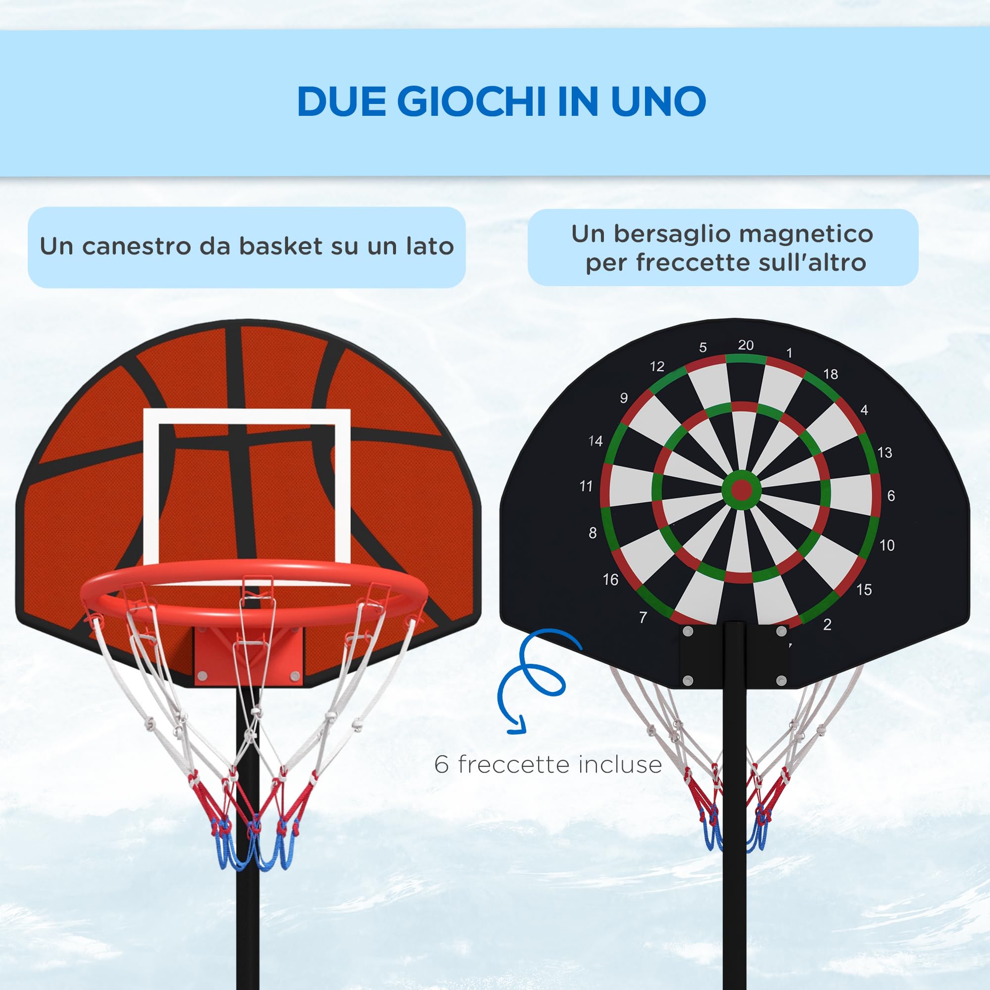 SPORTNOW Canestro Basket ad Altezza Regolabile con Bersaglio Freccette 2 in 1, Set da Gioco in Acciaio e PE con Base Riempibile e 6 Freccette, 38.5x48.5x179 cm, Nero e Marrone