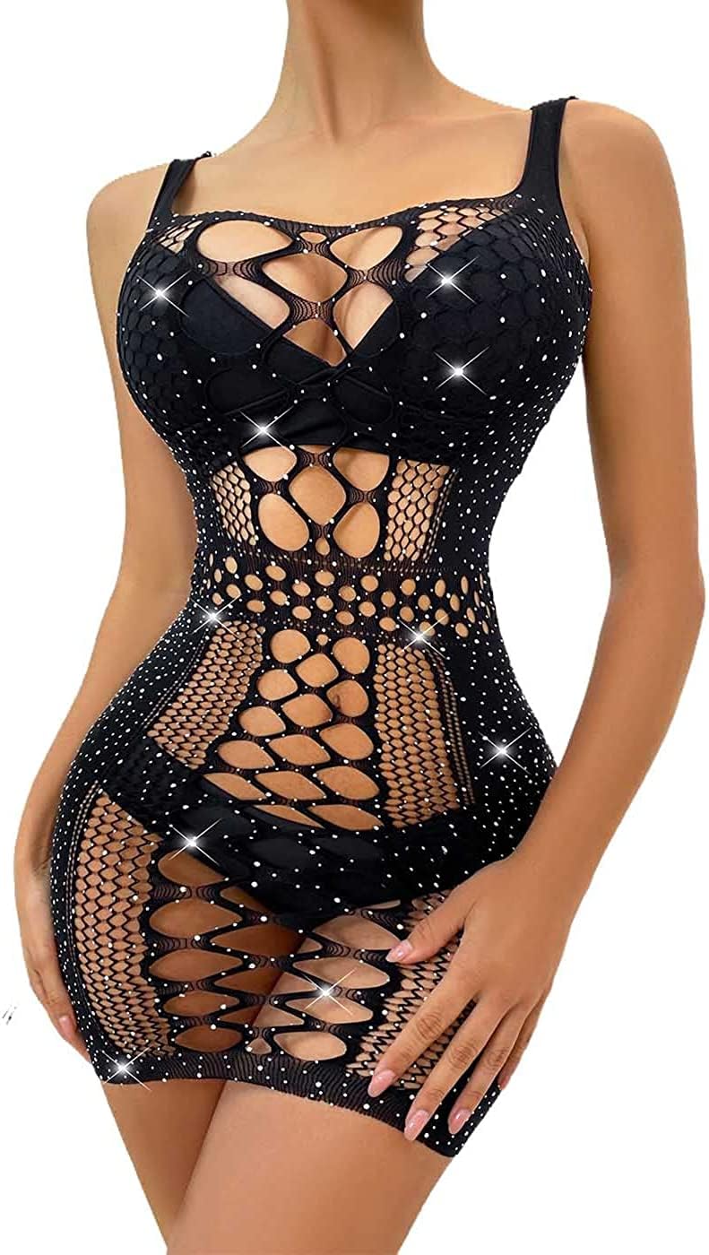 Rhinestone Studded Fishnet Teddy Bodysuit Without Lingerie - Bodystocking for Women - Sheer Bodysuits - Black