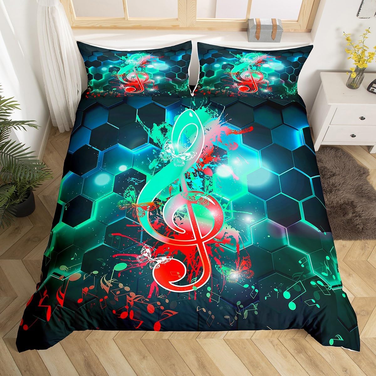 Erosebridal Glowing Music Note Hexagonal Honeycomb Glowing Comforter Cover Bedroom Decor, Funky Music Hip Hop Duvet Cover Modern Hippie Musical Style Bedspread Cover Full Size