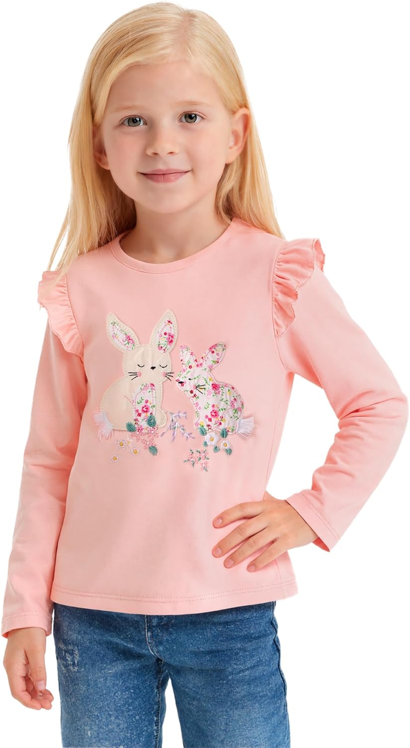 JinBei Meisjes T-shirt met lange mouwen Kinderkatoenen shirt met lange mouwen Mouwen met ruches Longsleeve Topjes Ronde hals Tops Shirt Kleding School Vrije tijd Roze 6-7 jaar, maat 116-122
