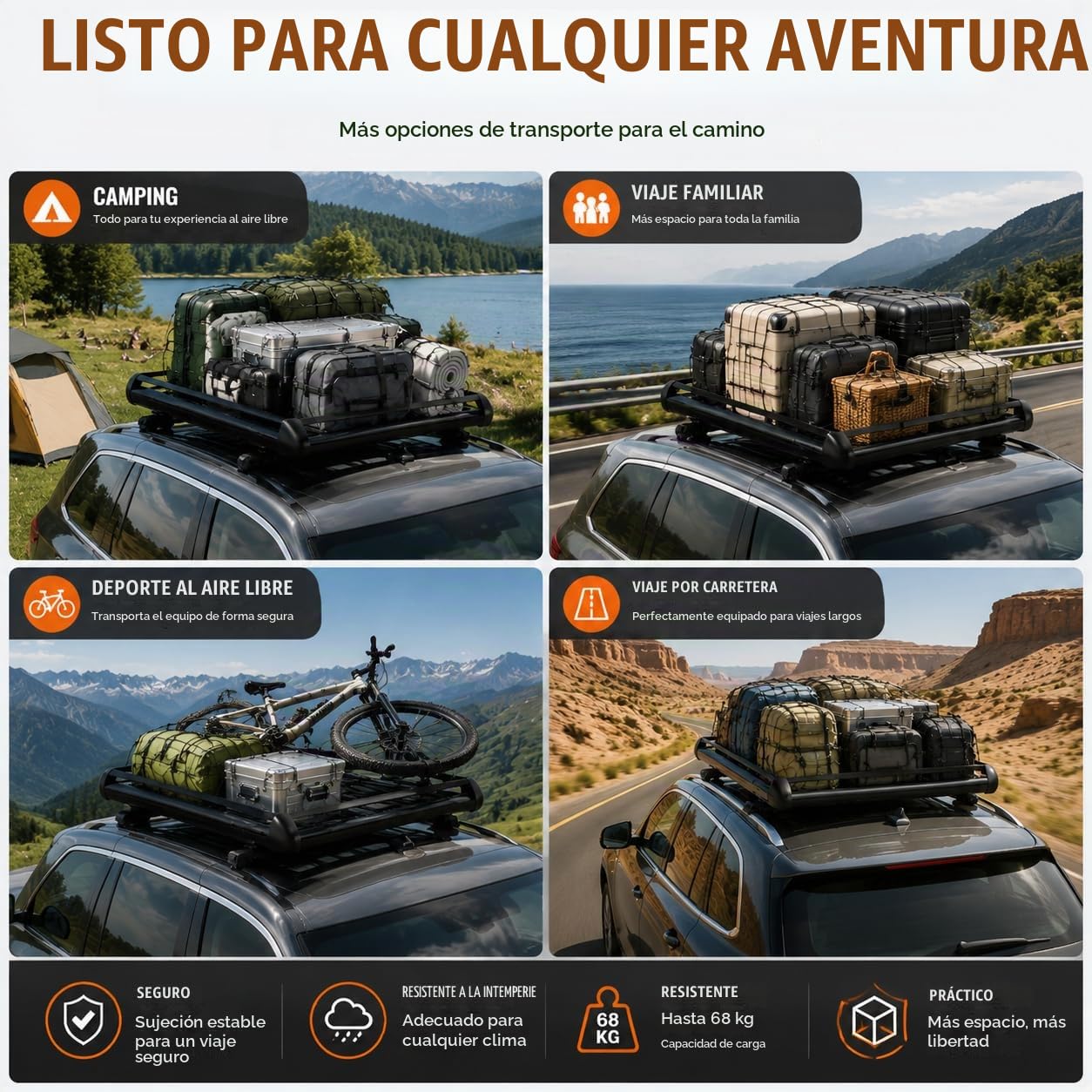 Portaequipajes de aluminio universal para techo 127x97cm, portaequipajes de doble piso con deflector de viento, portaequipajes en forma de canasta para SUV con capacidad de carga de 150kg