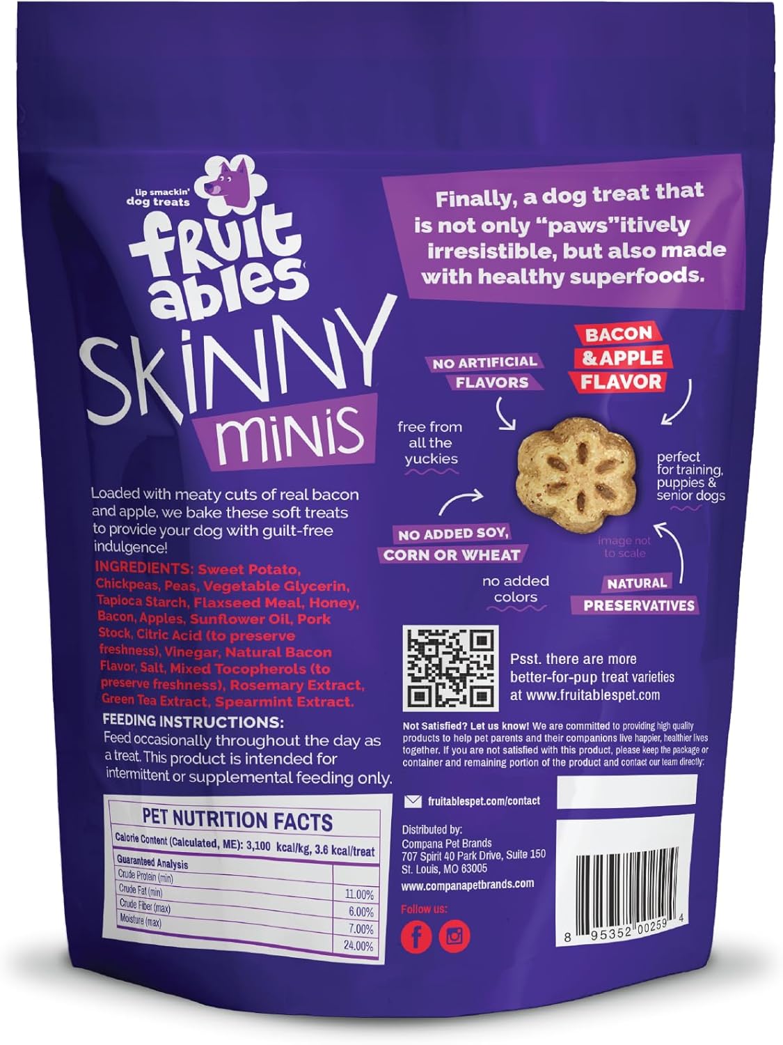 Fruitables Soft and Chewy Skinny Minis 12 Ounce Apple Bacon Grain Free Dog Training Treat, Pack of 3