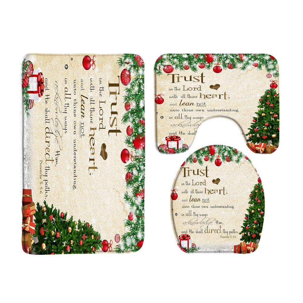 Christmas 3 Pcs Bath Rugs Set,Bible Verse Inspirational Quotes Xmas Tree and Balls Snowflake Vintage Winter Holiday Bathroom Kitchen Rug with 16