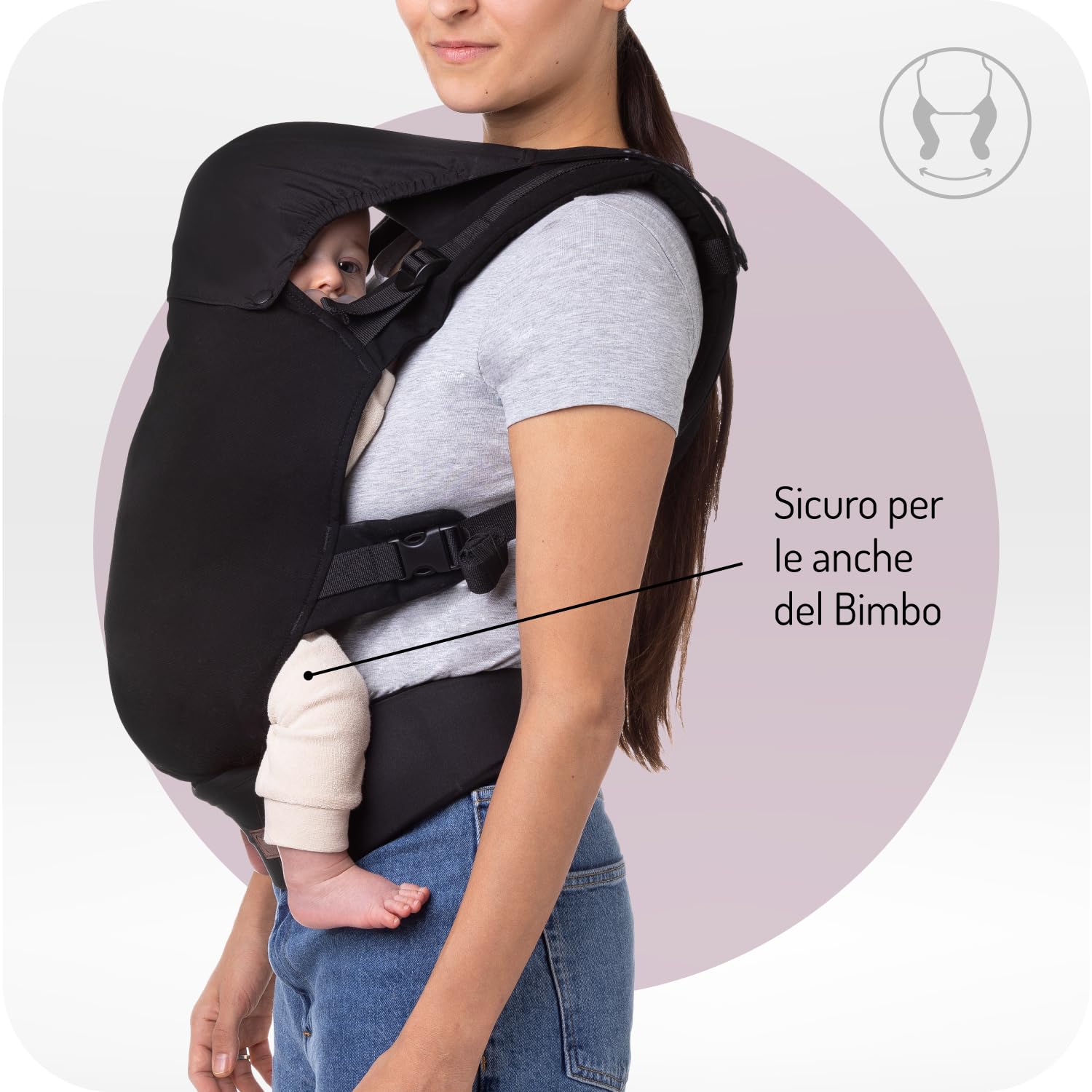 Marsupio MoMi COLLET per bambini di 3-48 mesi (peso 4-20 kg), 2 posizioni di sostegno con 6 punti di regolazione, con cappuccio e poggiatesta per il bambino