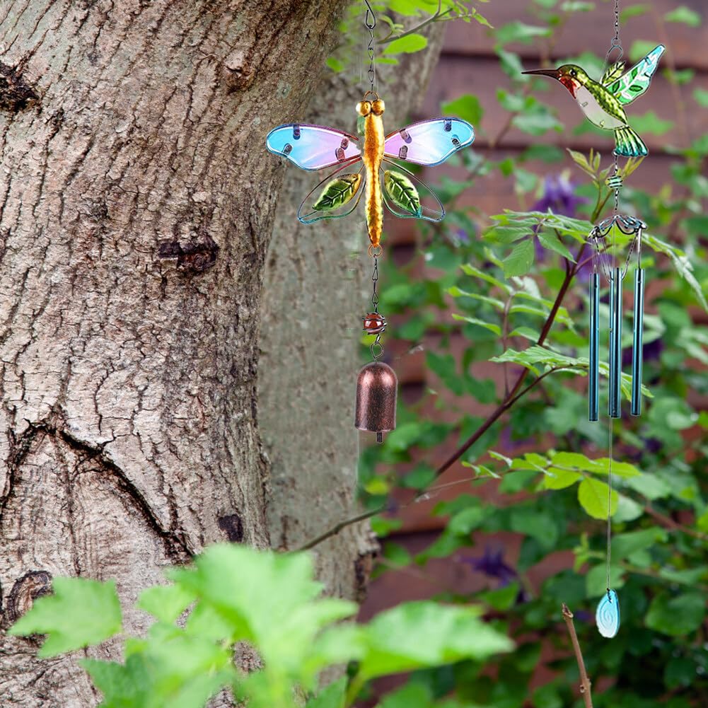 Campana A Vento Con Colibrì In Metallo E Vetro Colorato - Decorazione Da Giardino Esterna Con Suono Rilassante, Regalo Originale