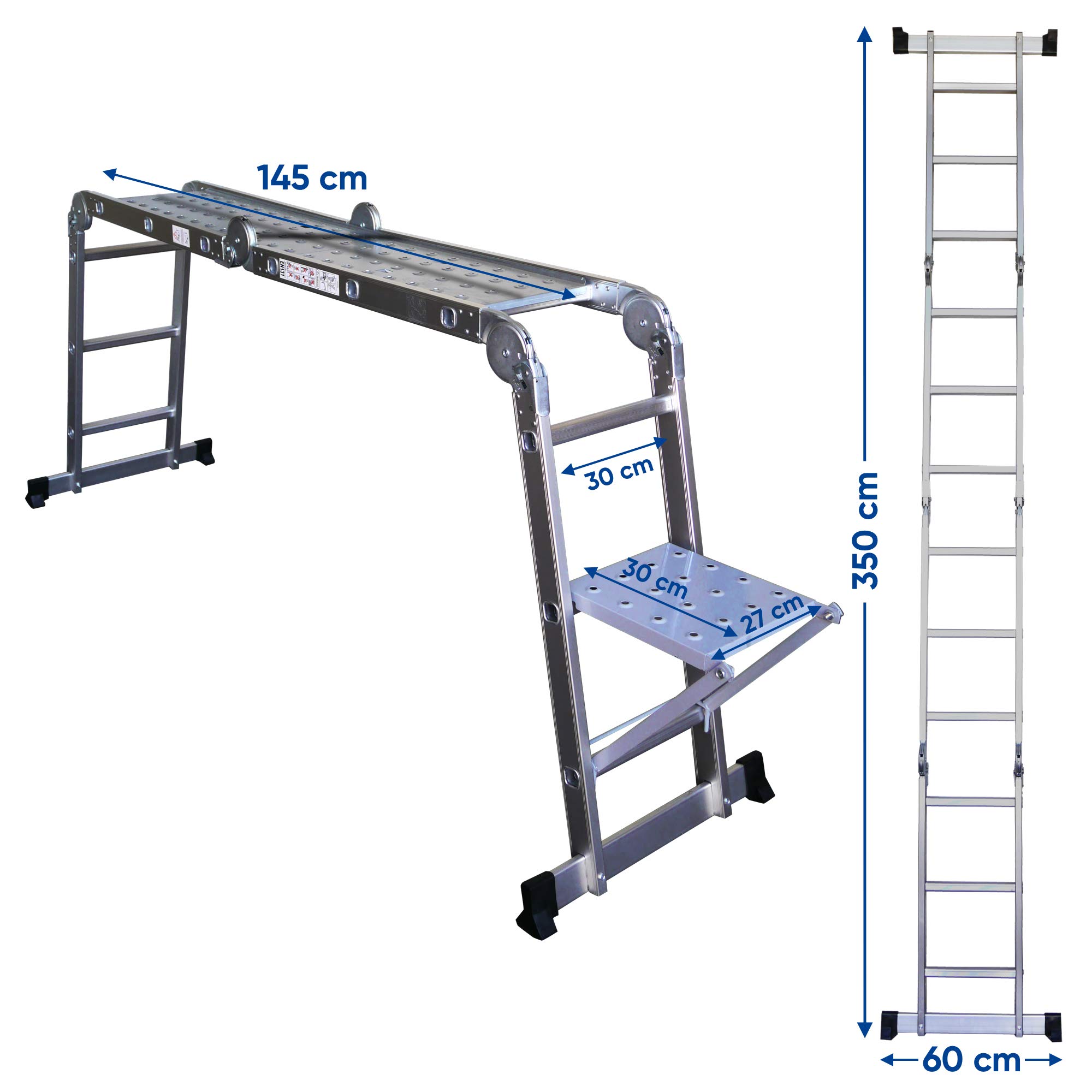 KELI - Echelle articulée 3,5m Multifonctions,Multi-Position,Plateforme,Fabriqué en Alu, Qualité Professionnelle, Marche d'accès Confort, Certifiée à 150kg, EN131 CE