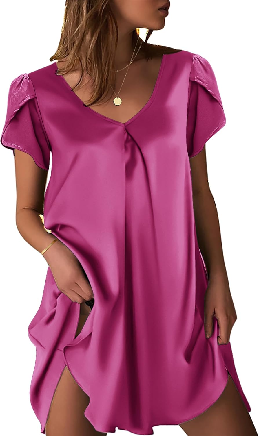 Ekouaer Women's Satin Nightgown Short Sleeve Sleepdress V-Neck Sleepwear Loose Silk Sleepshirt(Rose Red,Medium)