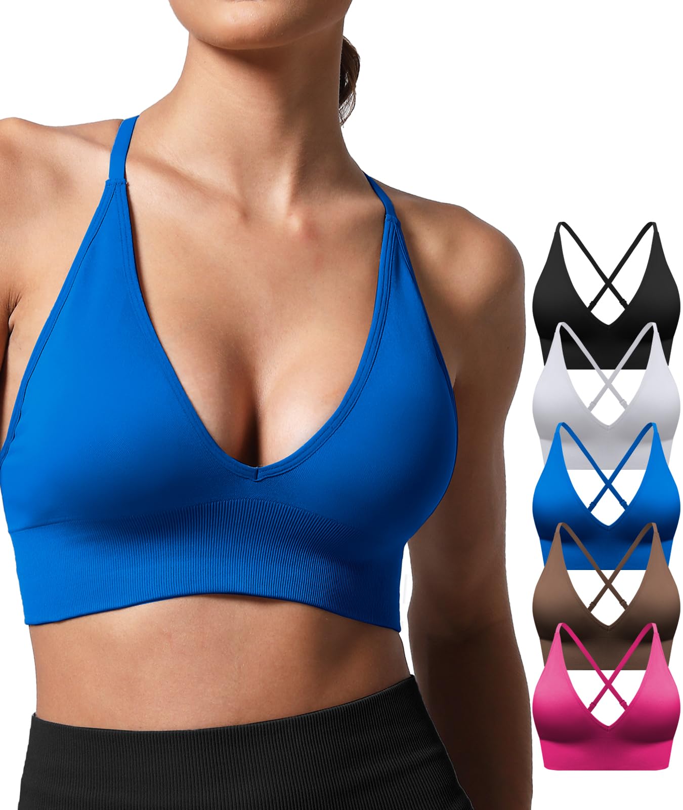 Reggiseno sportivo da donna, con scollo a V, regolabile, spalline sottili, imbottito, incrociato, schiena lunga, yoga, allenamento, confezione multipla