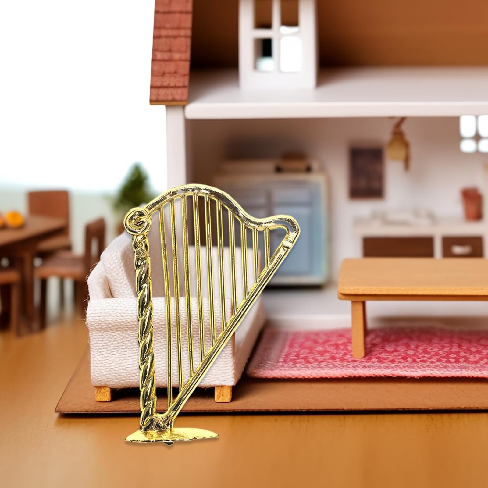 Arpa de oro en miniatura,Arpa en miniatura - Juego de 5 adornos de escritorio con arpa pequeña,Instrumento musical, modelo de instrumento musical en miniatura 1:12, modelo de arpa para decoración de c