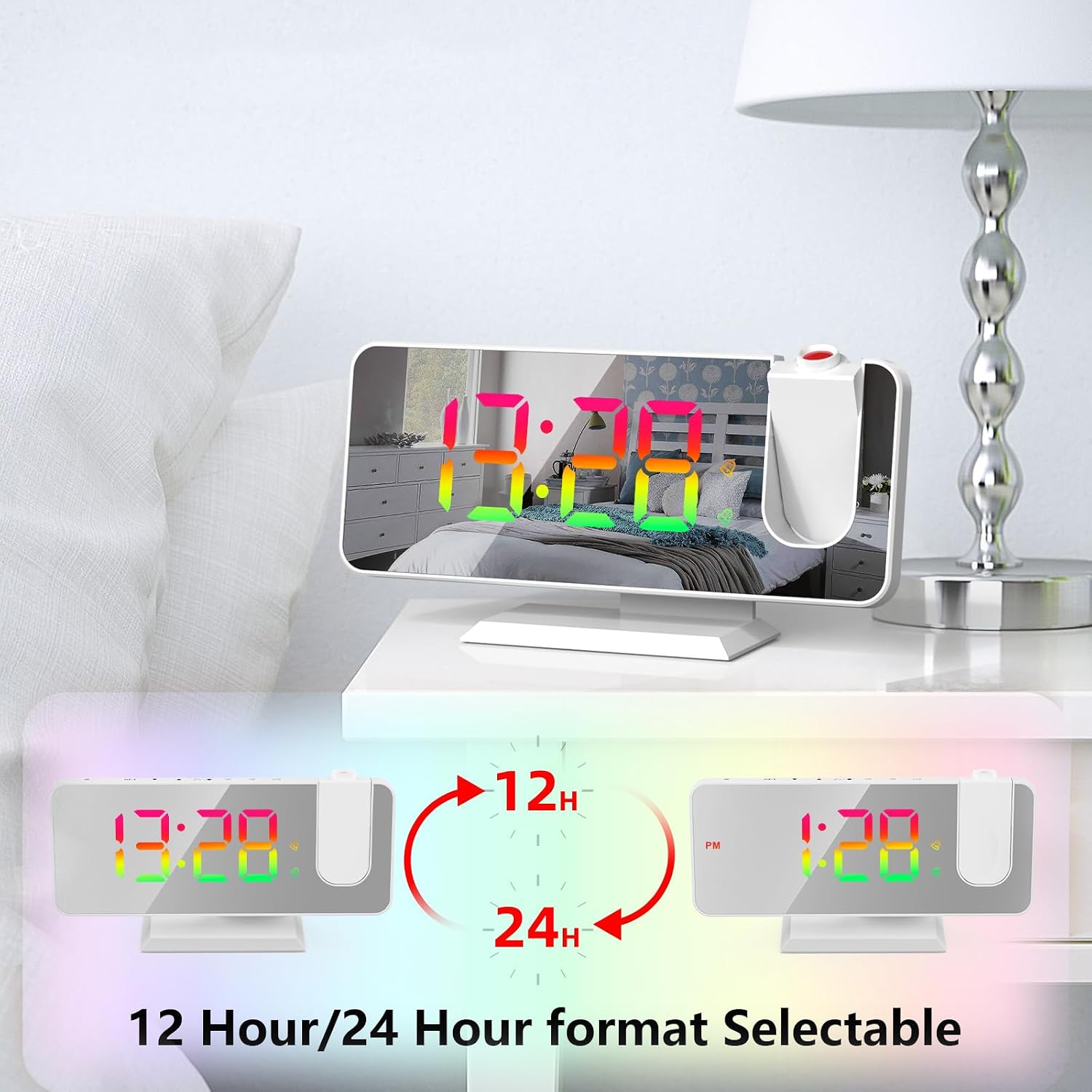 ThreeH Projection Digital Alarm Clock for Bedrooms Dynamic RGB Clock with LED Mirror Display USB Charger Dual Alarm Bedroom Home Office Decoration White
