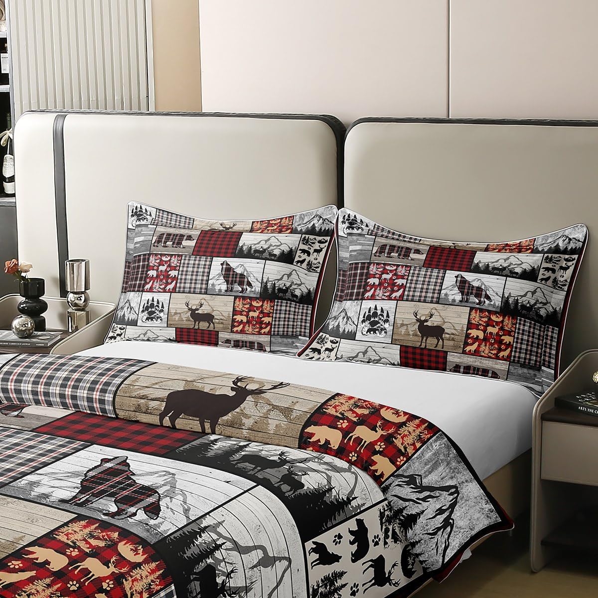 jejeloiu Bear Duvet Cover 100% Cotton Queen Size Rustic Bear Deer Print Bedding Cotton Duvet Cover Set Farmhouse Theme Buffalo Check Comforter Cover Set for Sofa Chair