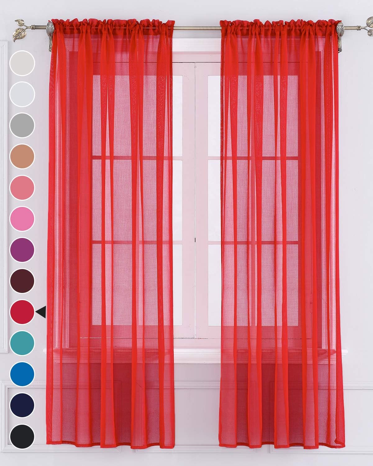 Yancorp Red Sheer Curtains 1 Pair Set Semi Sheer for Bedroom 2 Panels Drapes Solid Textured Linen Curtain 45 Inches Length (Red,W35 X L45)