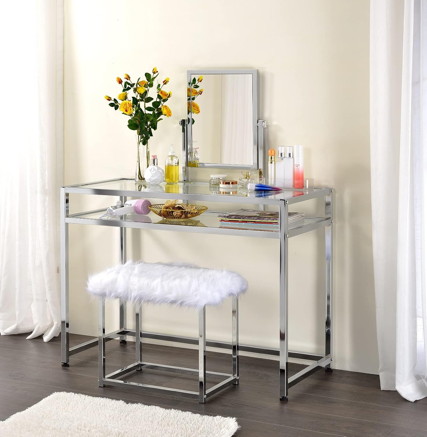 Amazon.com: Henf Tempered Glass Vanity Table Set with Fluffy Stool and