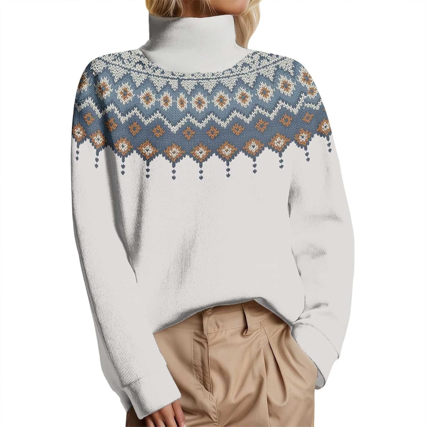 Womens Xmas Fair Isle Sweater -Fall Winter Casual Vintage High Neck Cheistmas Long Sleeve Oversized Pullover Knit Tops