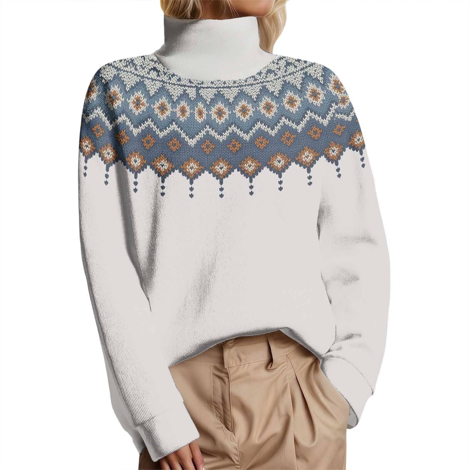 Womens Xmas Fair Isle Sweater -Fall Winter Casual Vintage High Neck Cheistmas Long Sleeve Oversized Pullover Knit Tops