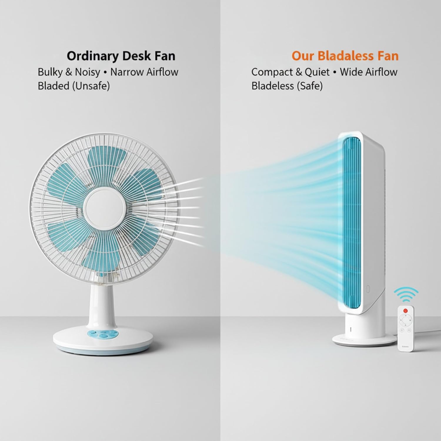 Portable Bladeless Tower Fan 2-in-1 Standing & Desktop Fan with Remote Control 4000mAh Rechargeable Battery 3 Speeds Auto Up/Down Oscillation Ultra Quiet for Home Office Car Bedroom