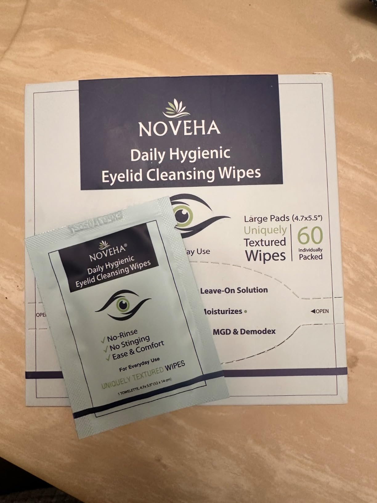 NOVEHA 180Pcs Daily Hygienic Eyelid & Lash Wipes | Individually Wrapped Cleansing Eyelash Wipes - For Blepharitis & Itchy Eyes, Demodex and Natural Makeup Remover & Daily Cleanser (3 Pack)