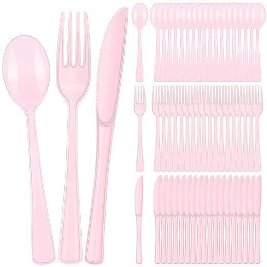 Kochorie 300 Piece Disposable Clear Pink Utensil Set Plastic Silverware Heavy Duty Cutlery Set Serves 100 Guests Forks Knives Spoons for Home Wedding Birthday Party Picnics Bride Shower Outdoor Events