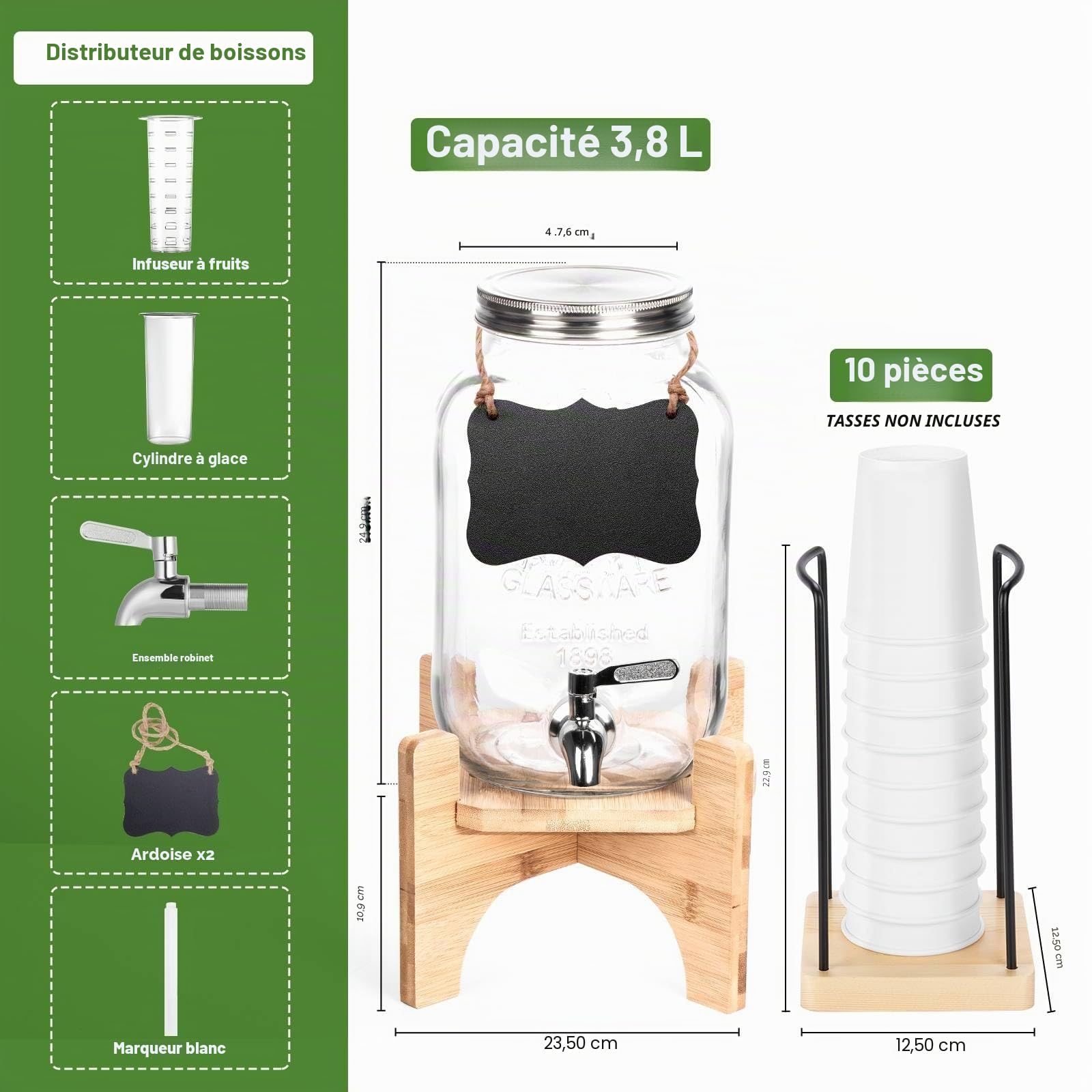 Distributeur de boissons en verre avec support, distributeur de boissons de 3,8 l pour fêtes avec porte-gobelet, comprend un infuseur à glace et à fruits, un robinet en acier inoxydable 18/8