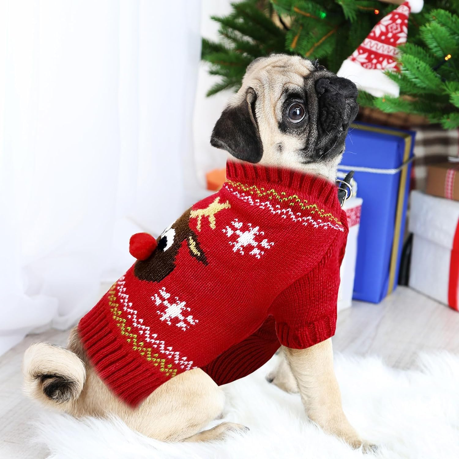 KUTKUT Dog Christmas Sweater Cute Red Reindeer Dog Knitted Pullover for Small Medium Large Dogs Cats Warm Xmas Pet Outfit Puppy Knit Jumper New Year Fall Winter Holiday Dog Clothes (Size: M) 4