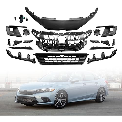 Civic Grill Set - New Front Upper & Lower Grille Kit W/Fog Light & Bracket Compatible with Honda 2022 2023 2024 Civic EX LX Sport Si Touring 2.0L 1.5L