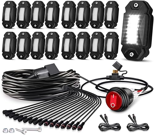 Luces de roca blancas, kit de luces LEDMIRCY R2 de color blanco puro con interruptor de palanca y arnés de cableado, 12 piezas, luces para carro