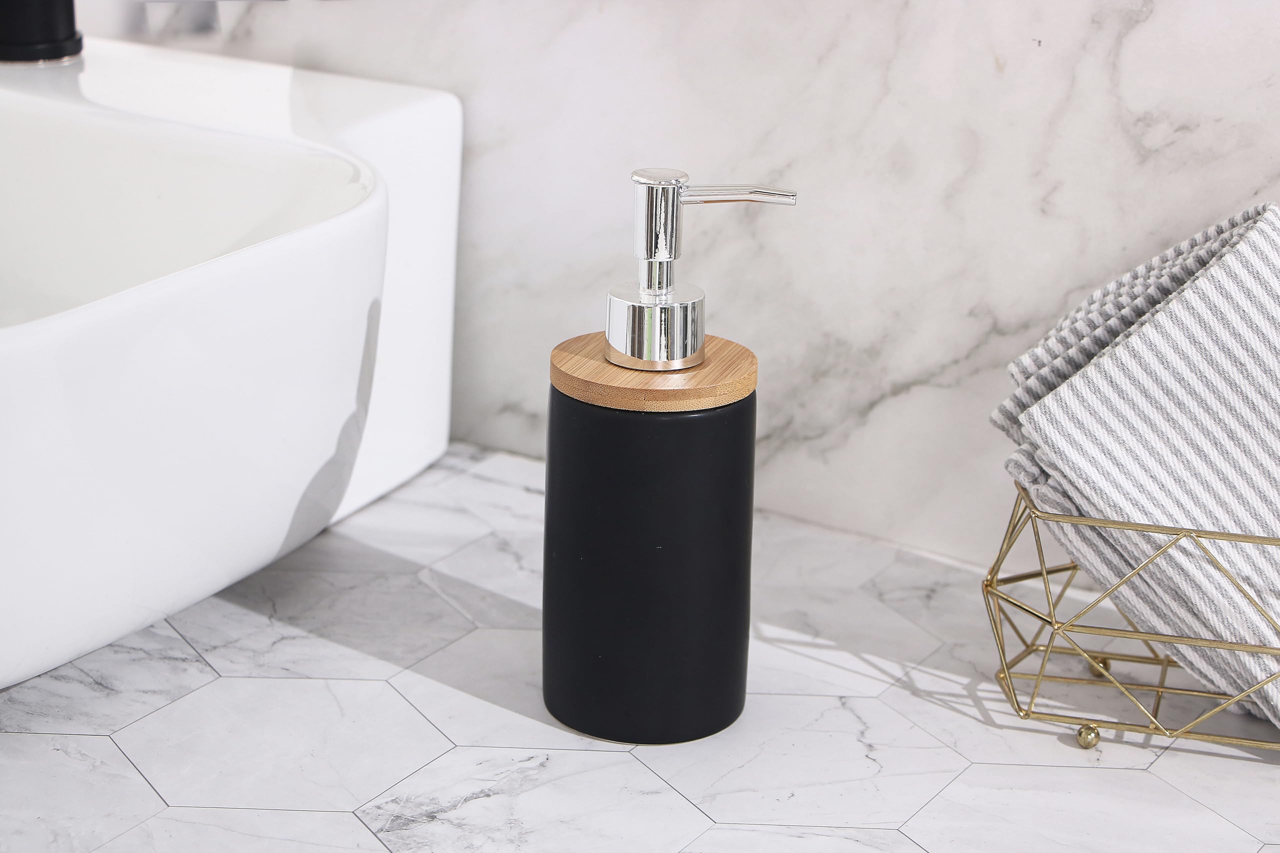 Juego de Accesorios de Baño, 4 Piezas, Negro y Bambú, Incluye Dispensador de Jabón, Portacepillos, Portaescobilla y Jabonera