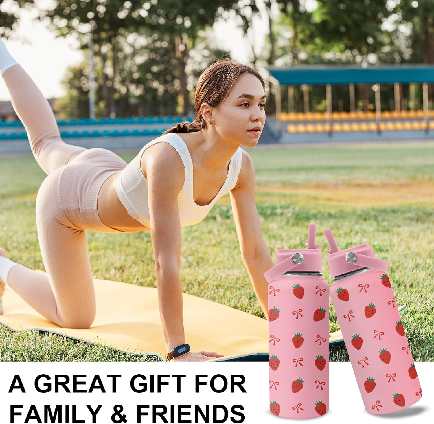 Strawberry Water Bottle Gifts for Women - 32oz Strawberry Themed Insulated Water Bottle with Straw - Christmas Birthday Gifts for Strawberries Lover - Strawberries Bowknot Stainless Steel Coffee Cup - Image 6