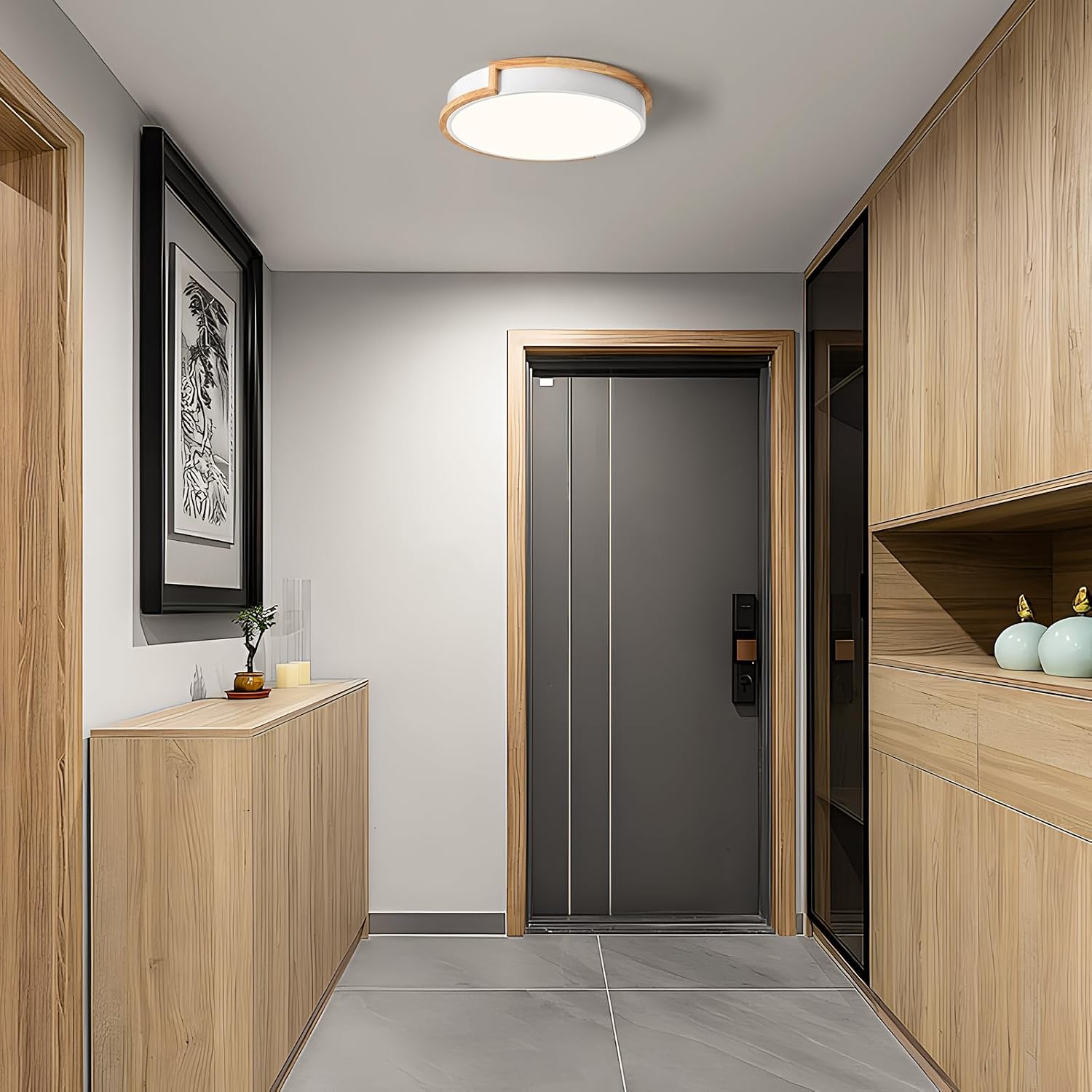 Modern LED Close to Ceiling Light, Round Flush Mount Ceiling Lighting Fixture, Matte White with Wood Accent, Minimalist Kitchen Light Fixtures for Bedroom, Entryway, Living Room, 15.8in