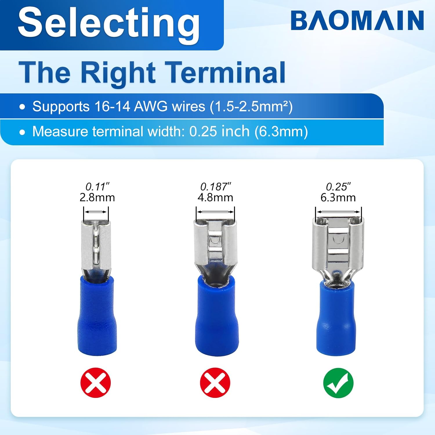 Baomain 1000-Pack 1/4" Female Quick Disconnect Spade Terminals, 16-14 AWG 6.3mm (0.25 inch), Insulated Crimp Connectors Blue