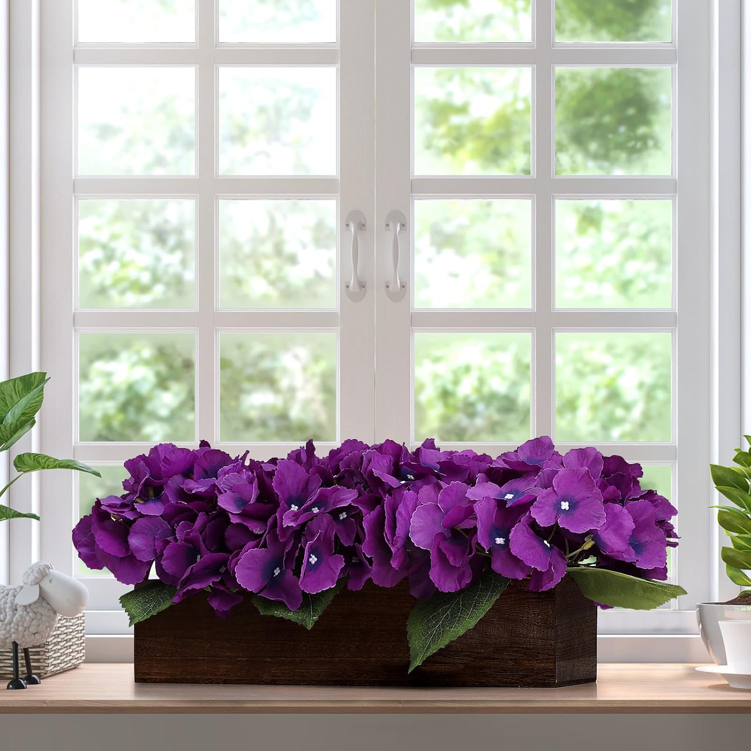 Pre-Made Flower Table Centerpiece, Artificial Hydrangea Arrangements Centerpieces Fake Flowers Decor Wood Tray Faux Flower Wedding Bouquets Room Kitchen Farmhouse Indoor Office Party(Purple) - Image 3