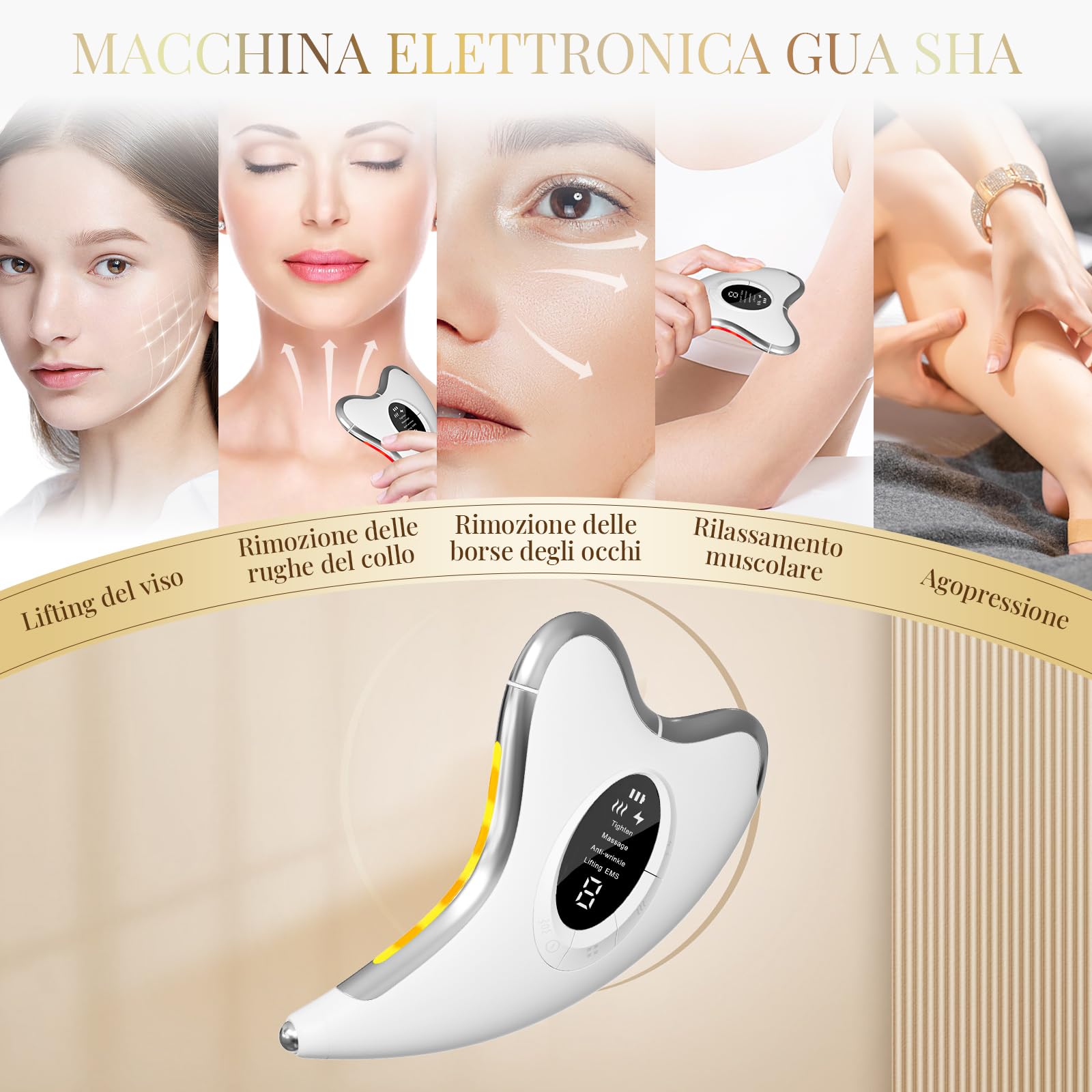 Profey EMS Gua Sha Massaggiatore Viso 45℃ Wärme Vibration Lifting 9 Livelli Intensità 4 Modalità LED Rosso Giallo Blu Anti-Aging