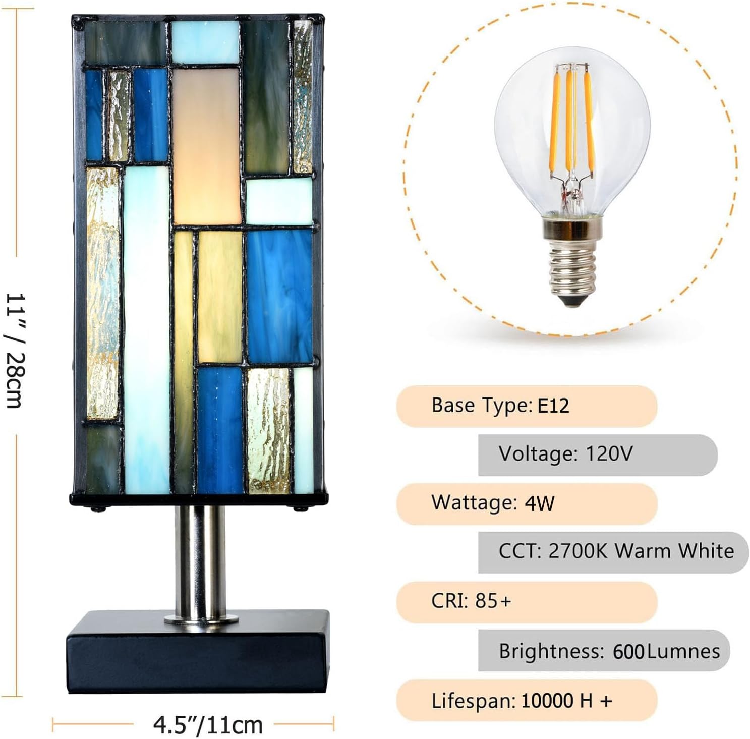TL0036 Small Tiffany Style Table Lamp, Blue & Teal Stained Glass Shade, Uplight Desk Light for Bedroom Living Room, 4.5" W x 11" H, LED Bulb Included