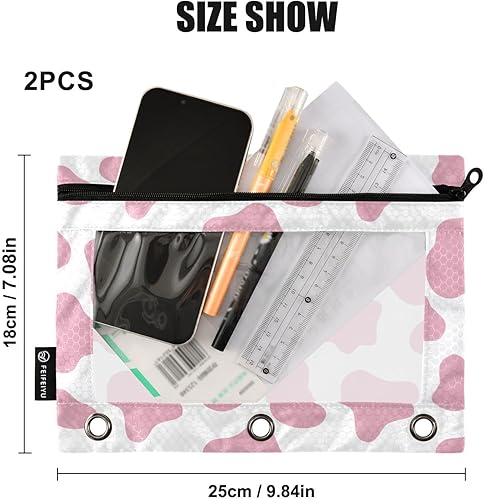 Miniatura 3 de ZENWAWA Bolsas para lápices con estampado de vaca rosa, paquete de 2 fundas con cremallera para carpetas de 3 anillos con ventana de PVC